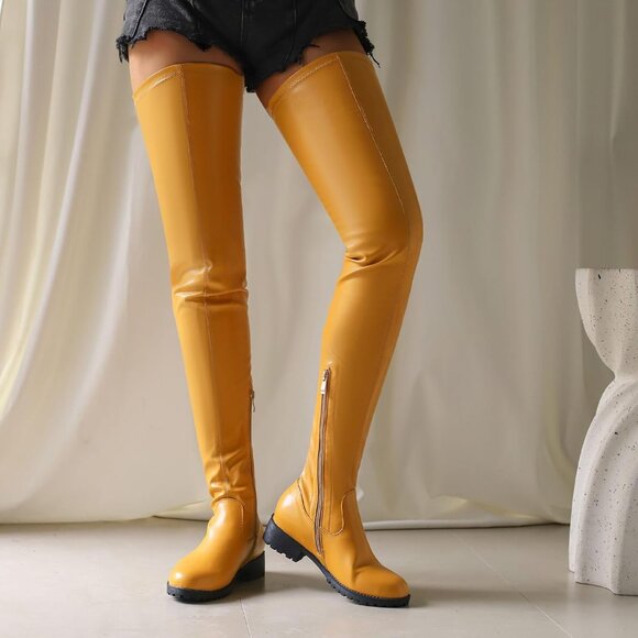 Women's Yellow Polyurethane Thigh High Over The Knee Rounded Toe Fashion Boots - Picture 3 of 7